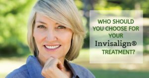 Woman smiling and thinking about Invisalign clear aligners